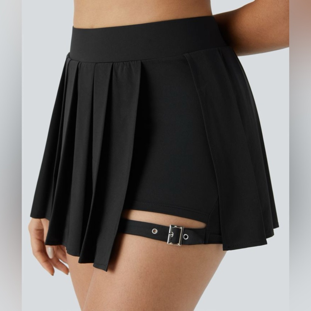 Halara Black High Waisted Pleated Side Pocket Adjustable Buckle Mini Skirt | NEW